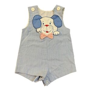 Vintage Baby Romper Puppy Dog Appliqué Red Striped Bow 15” Shoulder to Snap